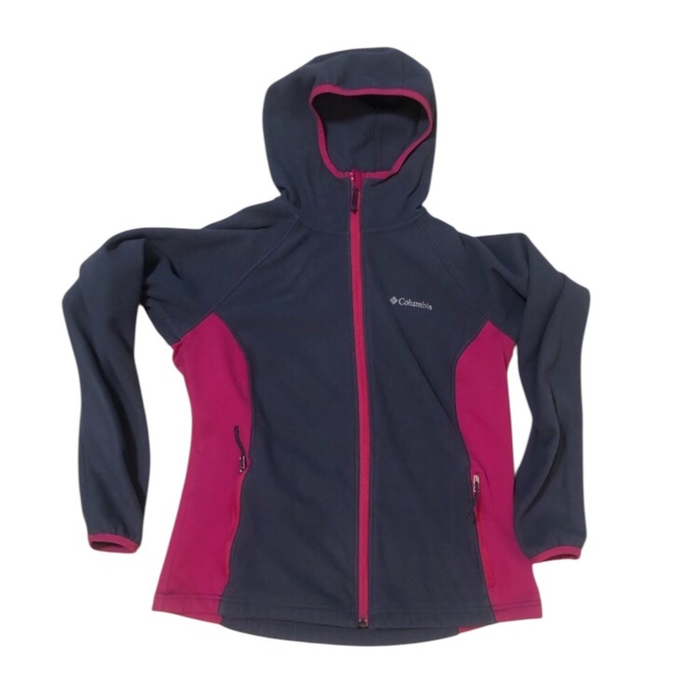 Columbia Women’s Hooded Full Zip Fleece Jacket Dark Grey Pink Trim Sz M